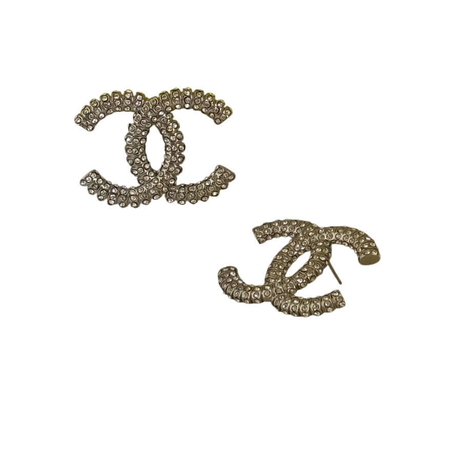 Chanel Silver CC Big Earrings encrusted with crystals, authentic pre-owned jewelry, perfect statement accessory.