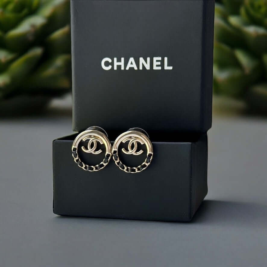 Chanel Strass Round CC Cut Out w/ Black Leather Earrings - My Mama Found What