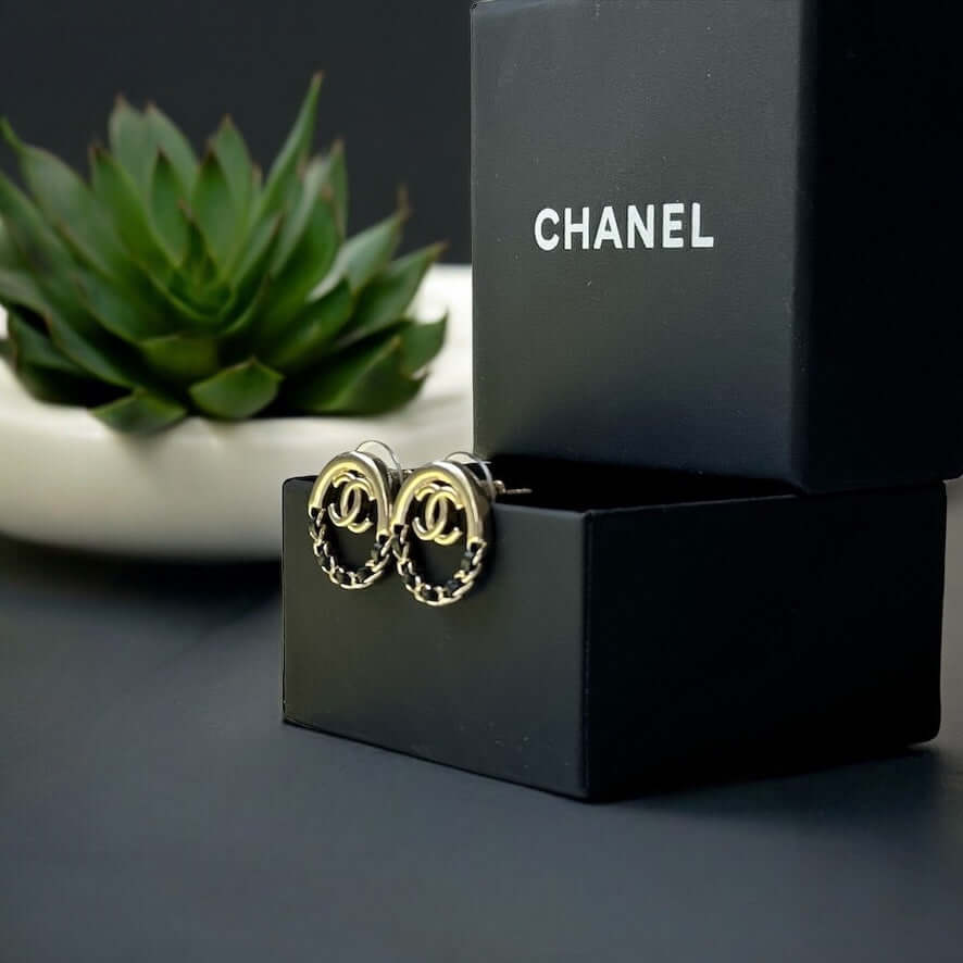 Chanel Strass Round CC Cut Out w/ Black Leather Earrings - My Mama Found What