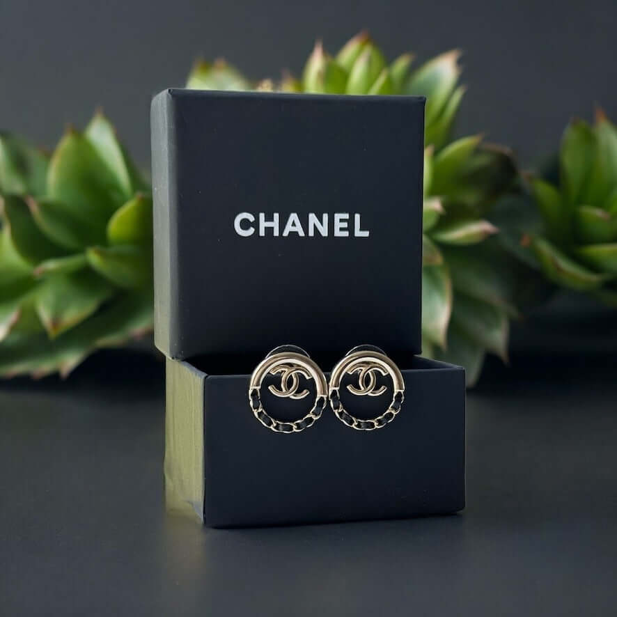 Chanel Strass Round CC Cut Out w/ Black Leather Earrings - My Mama Found What My Mama Found What