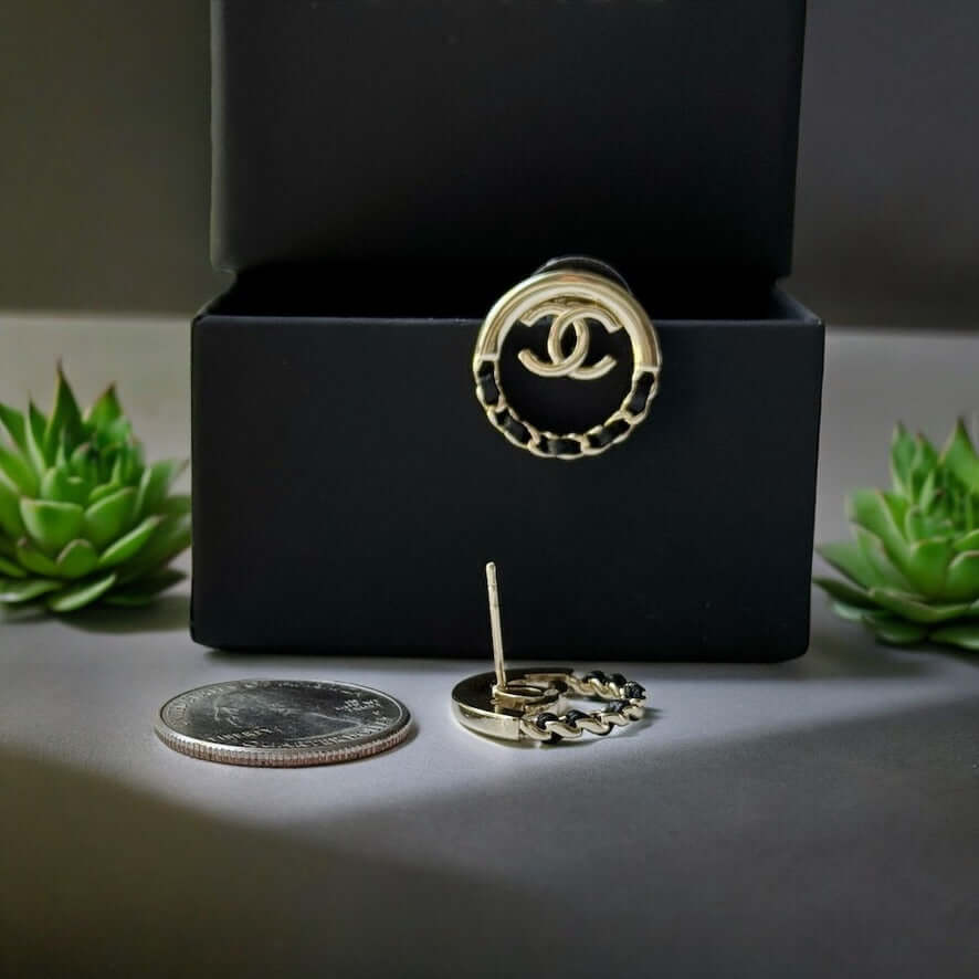 Chanel Strass Round CC Cut Out w/ Black Leather Earrings - My Mama Found What