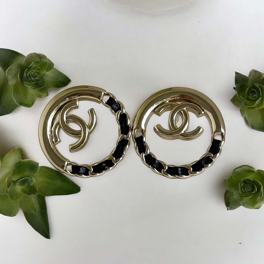 Chanel Strass Round CC Cut Out w/ Black Leather Earrings - My Mama Found What