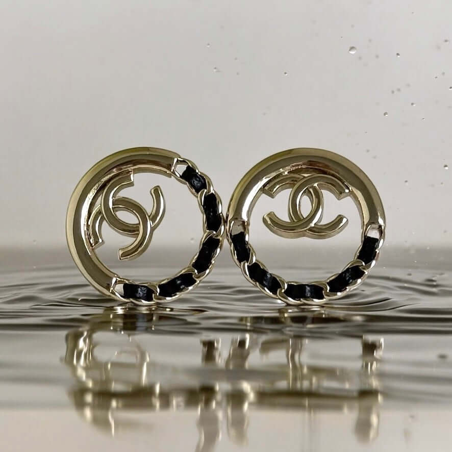 Chanel Strass Round CC Cut Out w/ Black Leather Earrings - My Mama Found What