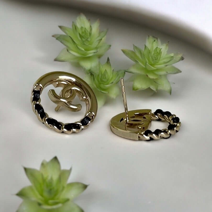 Chanel Strass Round CC Cut Out w/ Black Leather Earrings - My Mama Found What
