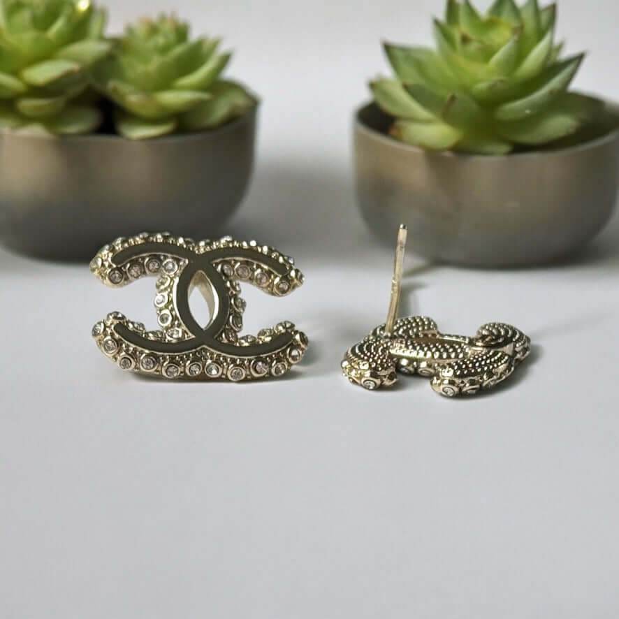 Chanel Gold CC with Clear Crystals Post Earrings Pre-Owned - My Mama Found What