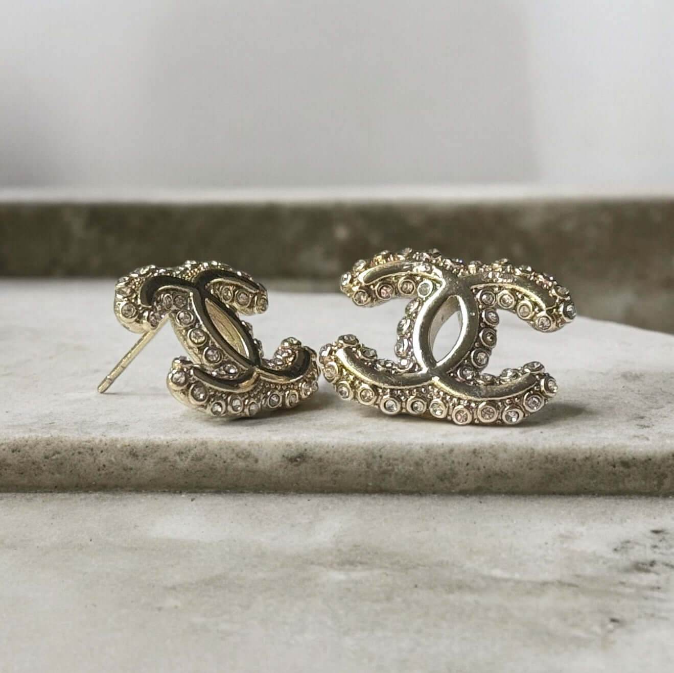 Chanel Gold CC with Clear Crystals Post Earrings Pre-Owned - My Mama Found What