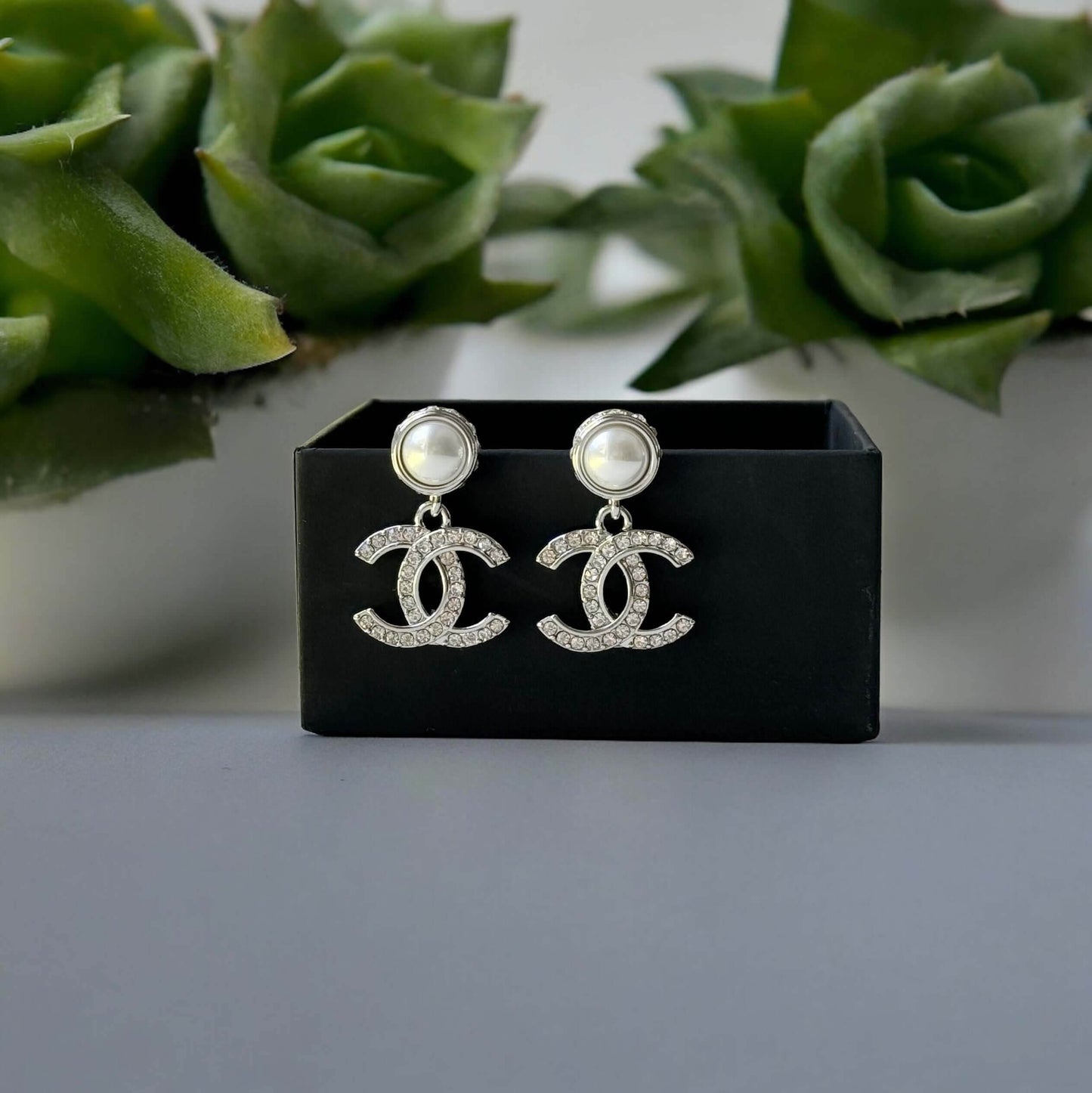 Authentic Chanel Silver Pearl Crystal CC Dangle Pre-Owned - My Mama Found What