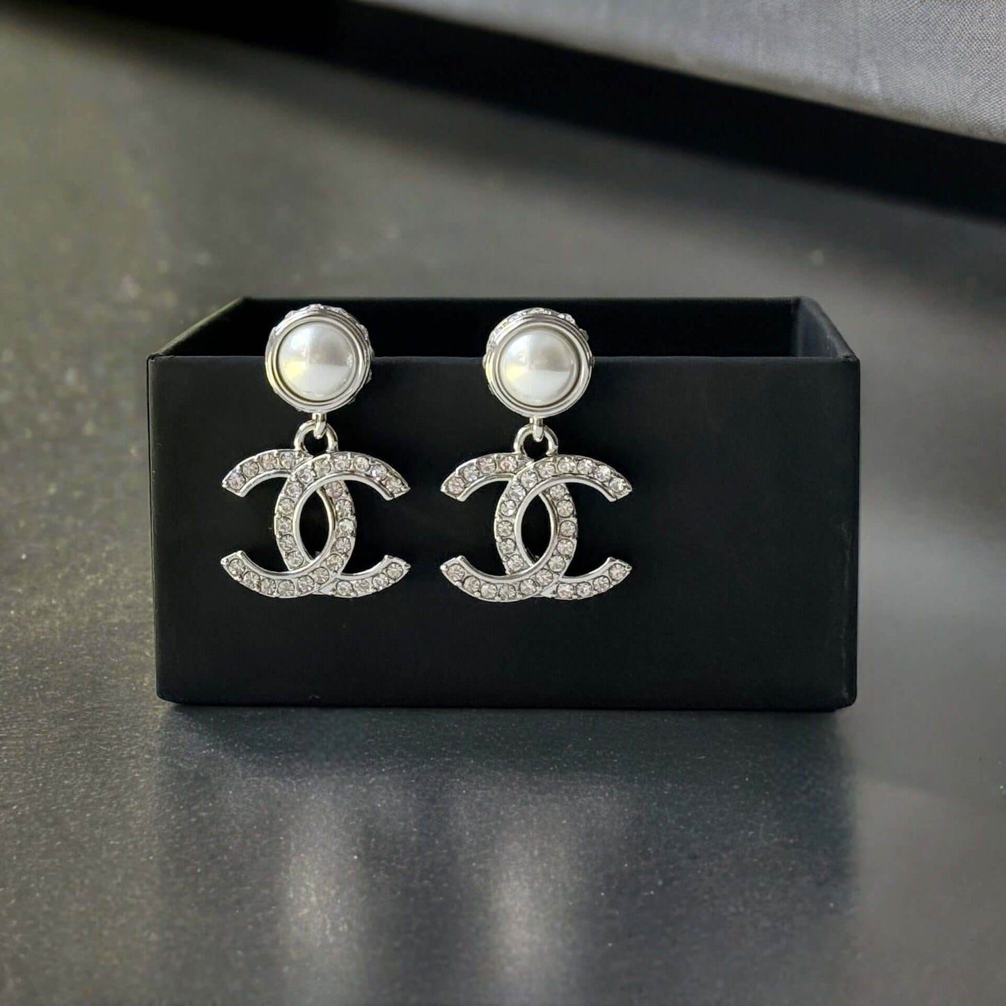 Authentic Chanel Silver Pearl Crystal CC Dangle Pre-Owned - My Mama Found What