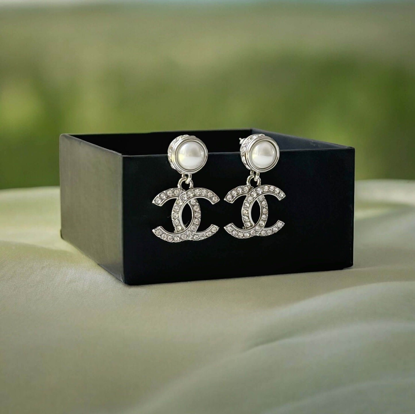 Authentic Chanel Silver Pearl Crystal CC Dangle Pre-Owned - My Mama Found What