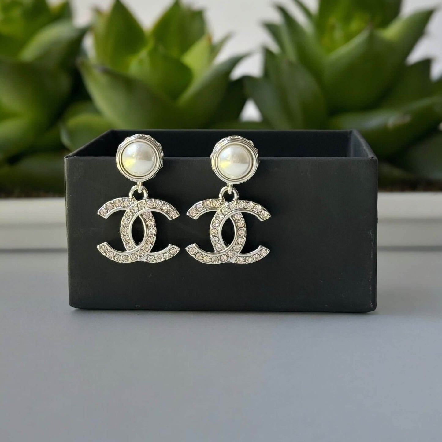 Authentic Chanel Silver Pearl Crystal CC Dangle Pre-Owned - My Mama Found What