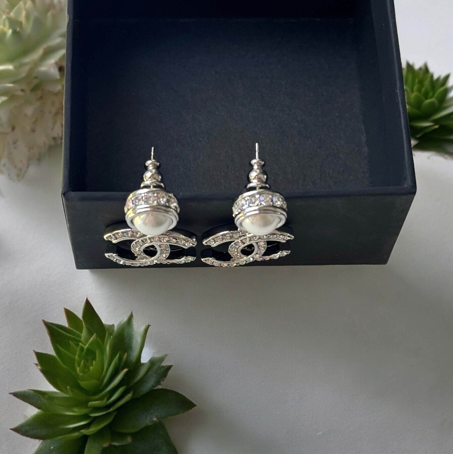 Authentic Chanel Silver Pearl Crystal CC Dangle Pre-Owned - My Mama Found What