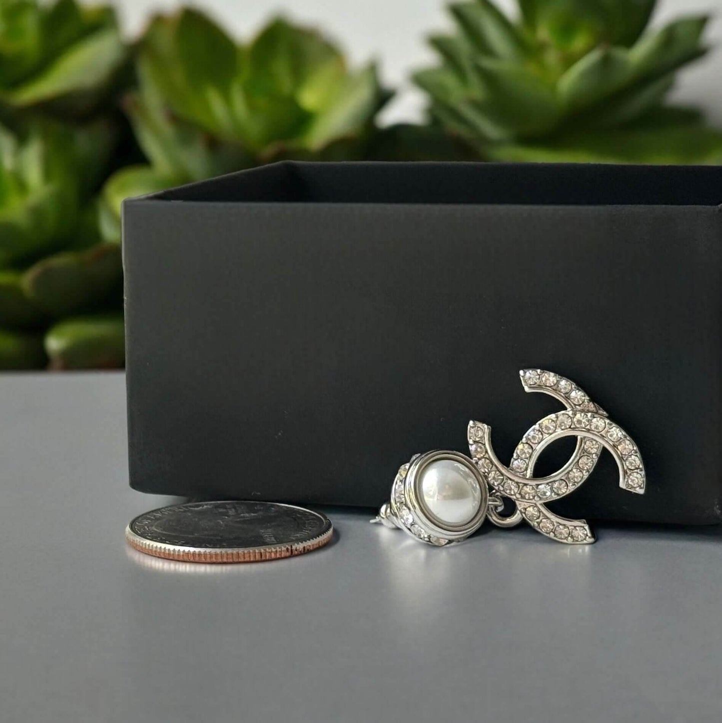 Authentic Chanel Silver Pearl Crystal CC Dangle Pre-Owned - My Mama Found What