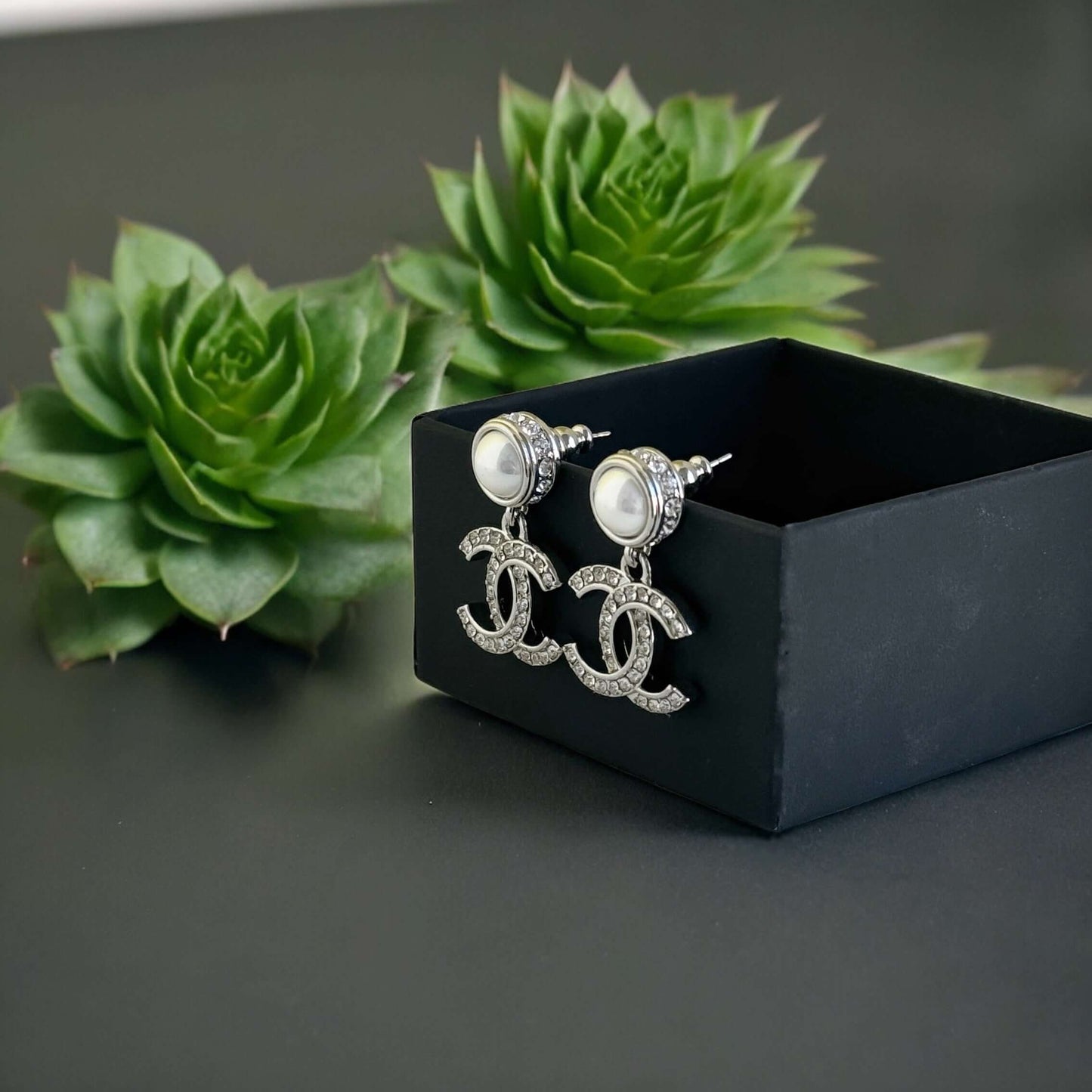 Authentic Chanel Silver Pearl Crystal CC Dangle Pre-Owned - My Mama Found What