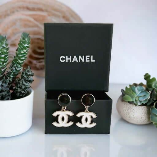 Authentic Chanel Gold B/W Double C Dangle Post Earrings Pre-Owned - My Mama Found What