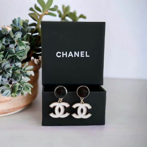 Authentic Chanel Gold B/W Double C Dangle Post Earrings Pre-Owned - My Mama Found What