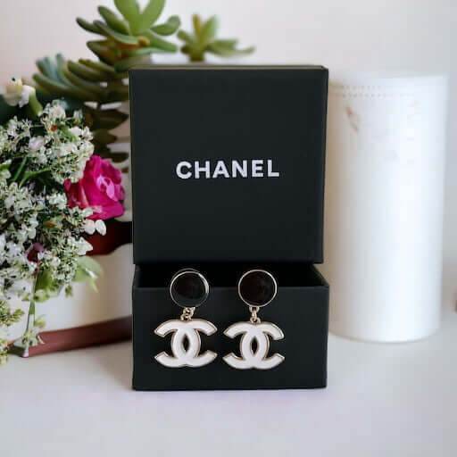 Authentic Chanel Gold B/W Double C Dangle Post Earrings Pre-Owned - My Mama Found What