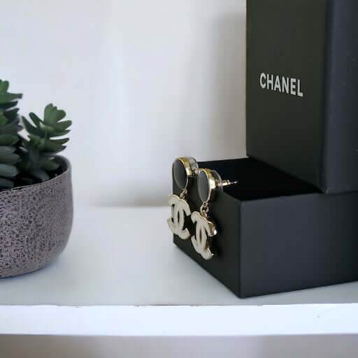 Authentic Chanel Gold B/W Double C Dangle Post Earrings Pre-Owned - My Mama Found What