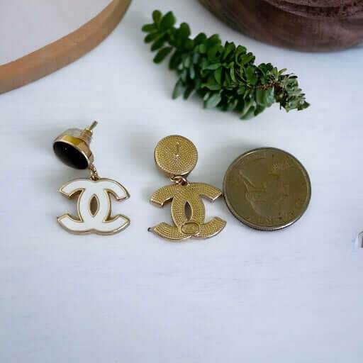 Authentic Chanel Gold B/W Double C Dangle Post Earrings Pre-Owned - My Mama Found What
