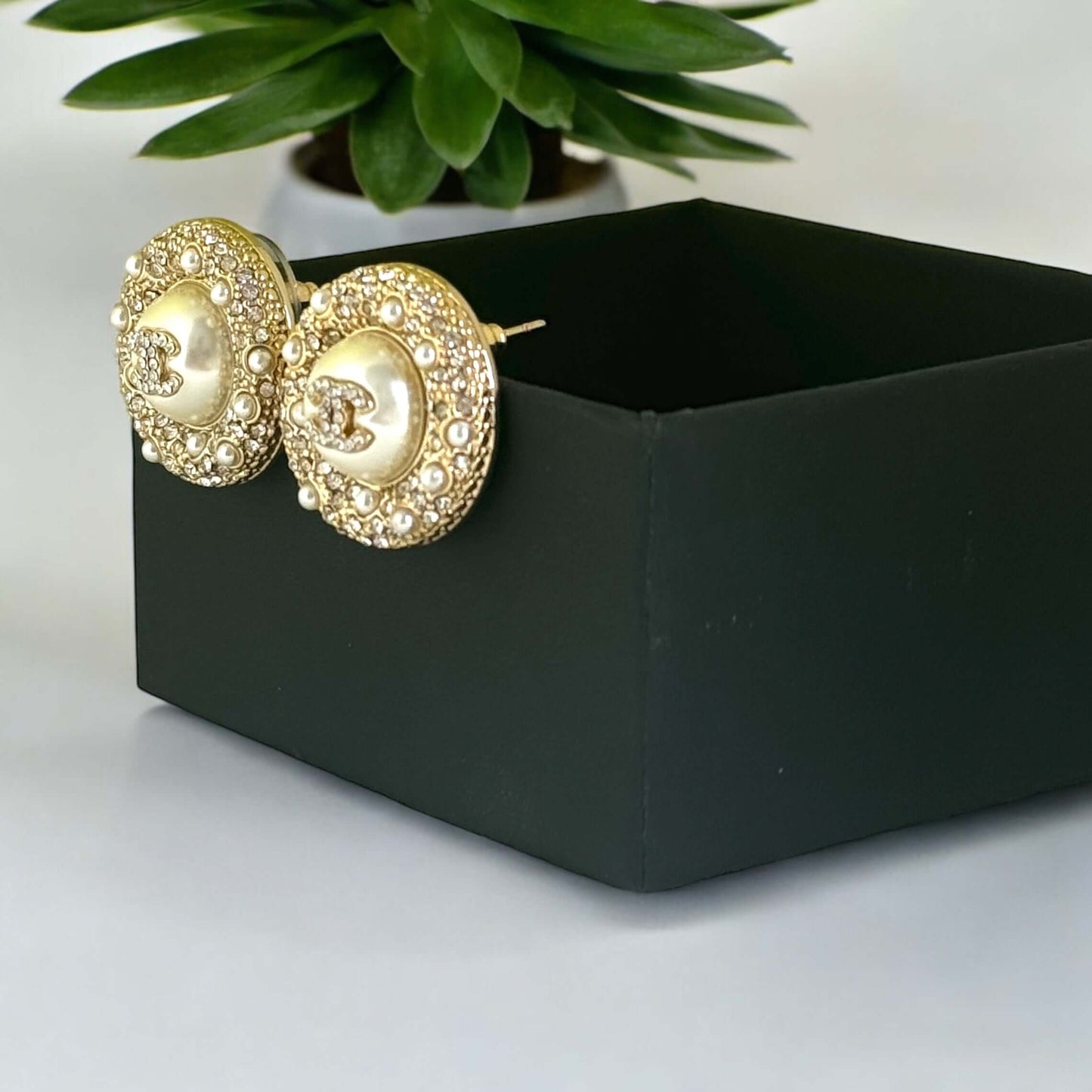 Chanel Strass CC Round Enamel Pearls Bling Earrings - My Mama Found What