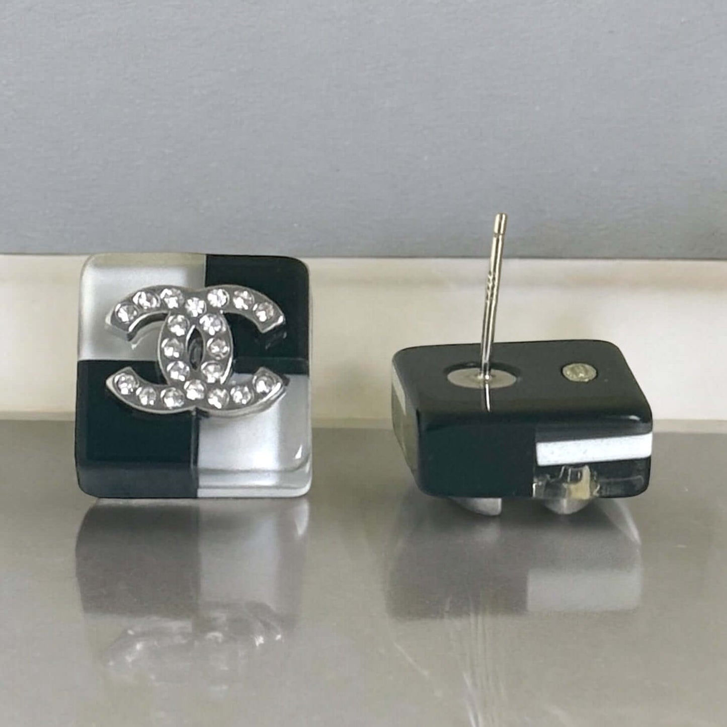 Pre-owned Chanel CC Square Lucite B/W Earrings - My Mama Found What