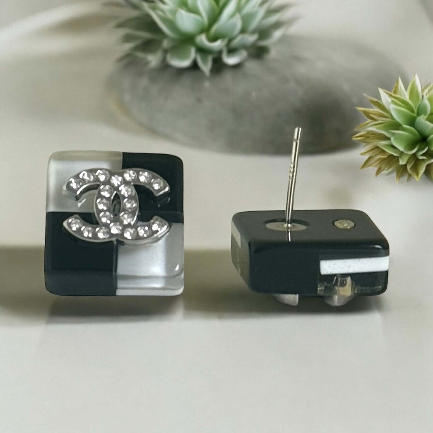 Pre-owned Chanel CC Square Lucite B/W Earrings - My Mama Found What