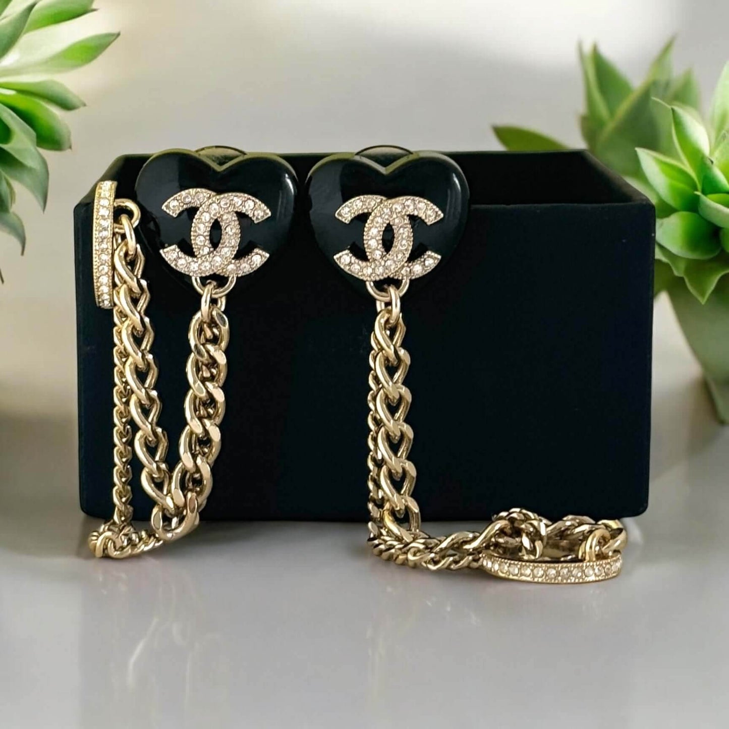 Chanel CC Gold & Black Chain Heart Earrings w/ attached Ear Cuff - My Mama Found What