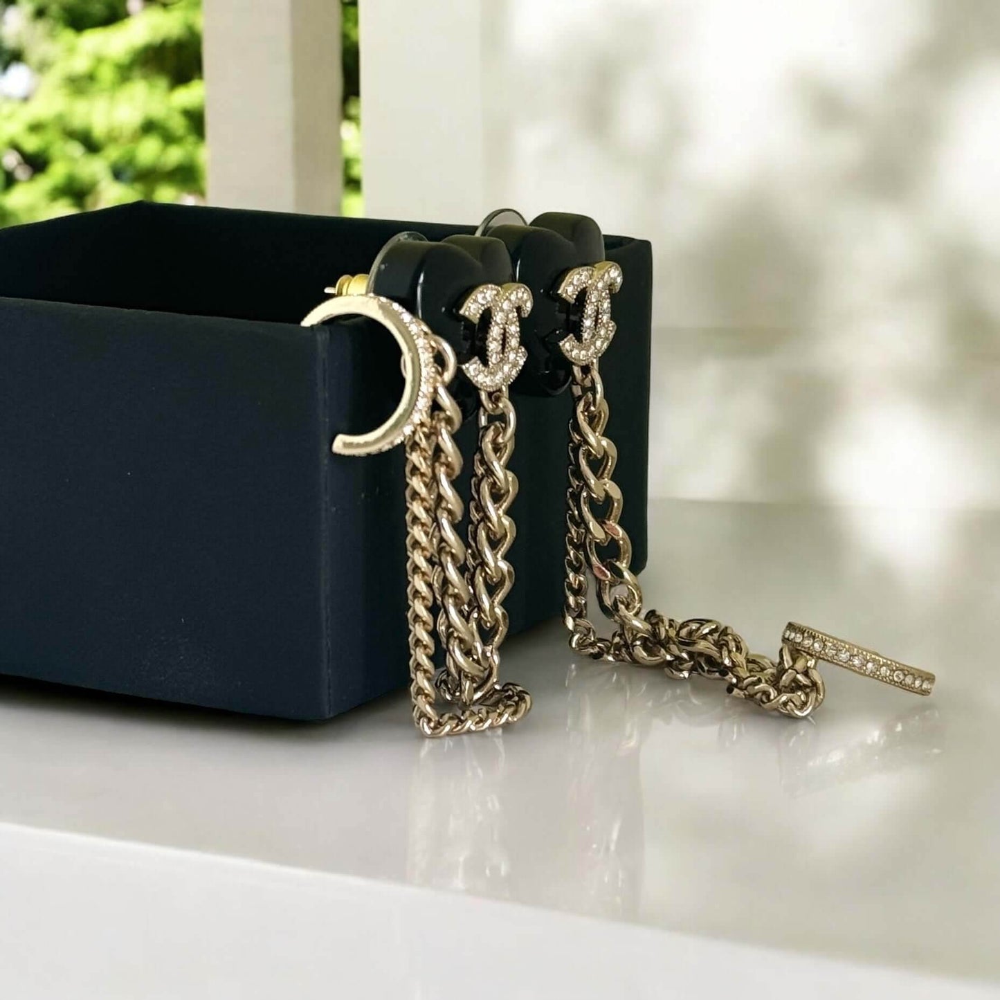 Chanel CC Gold & Black Chain Heart Earrings w/ attached Ear Cuff - My Mama Found What