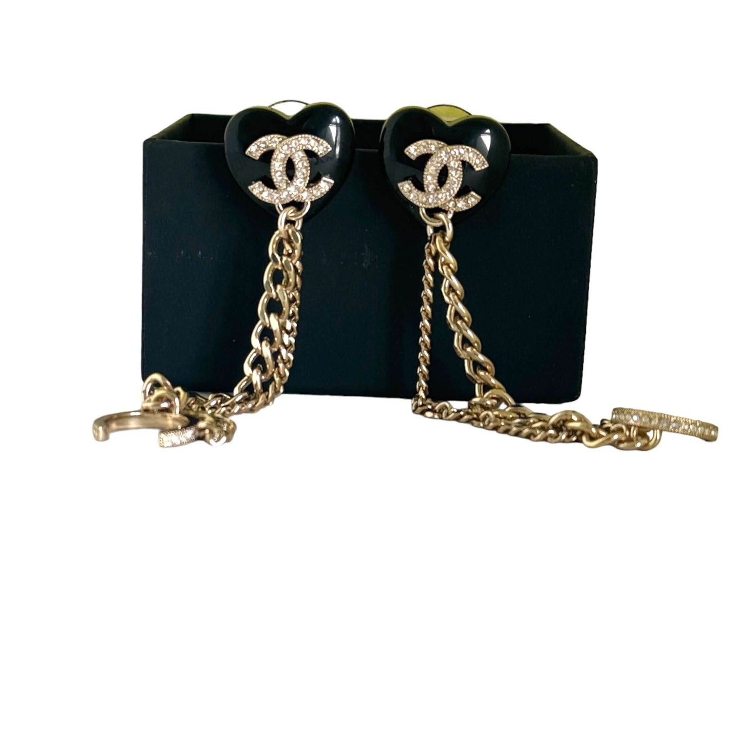Chanel CC Gold & Black Chain Heart Earrings w/ attached Ear Cuff - My Mama Found What