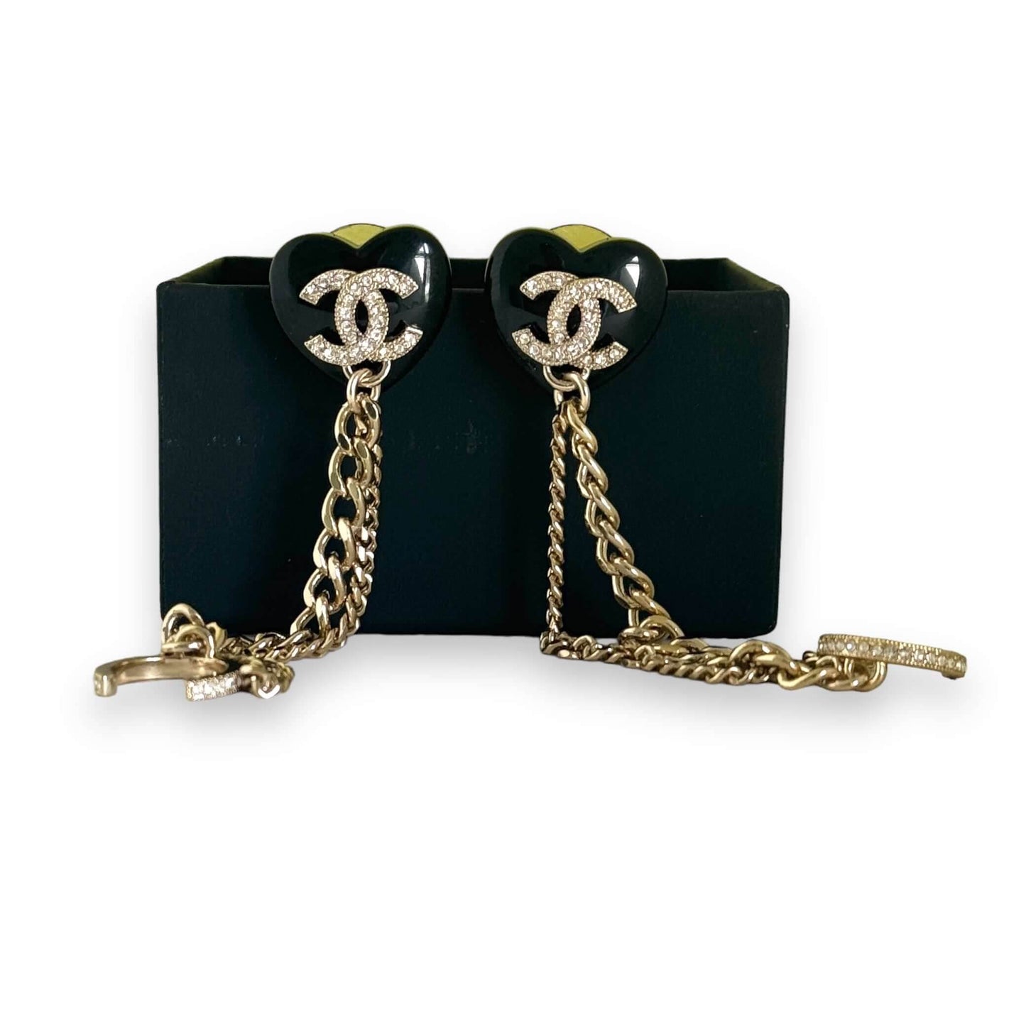 Chanel CC Gold & Black Chain Heart Earrings w/ attached Ear Cuff - My Mama Found What