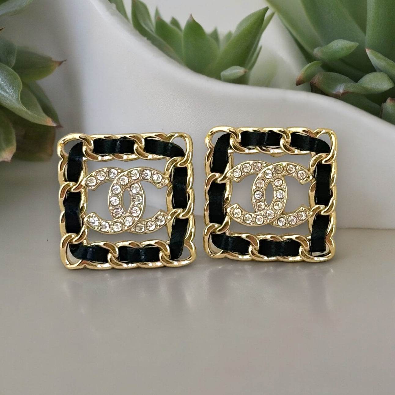 Authentic Chanel S21 Gold Chain with Black Leather CC Pre-Owned earrings - My Mama Found What