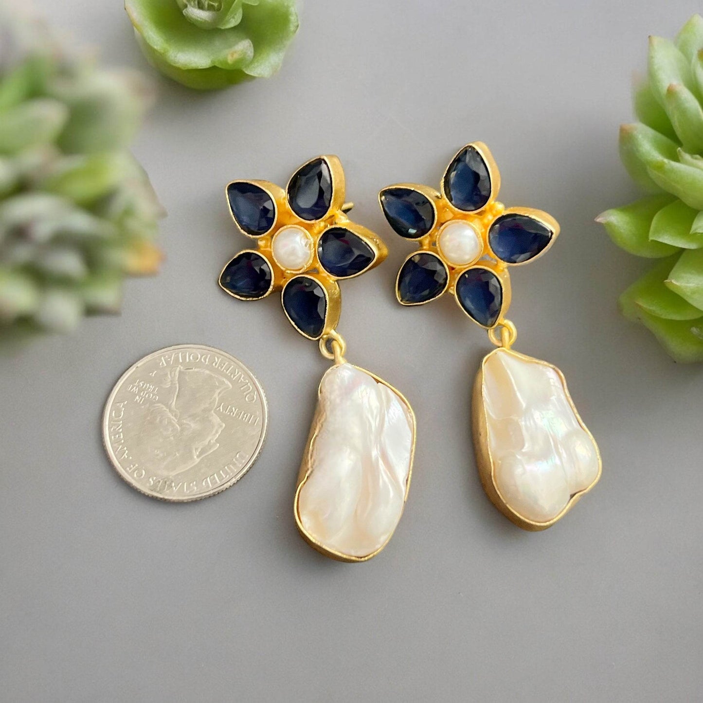Baroque Pearls & Blue Crystals Artisan Made Drop Post Earrings - My Mama Found What