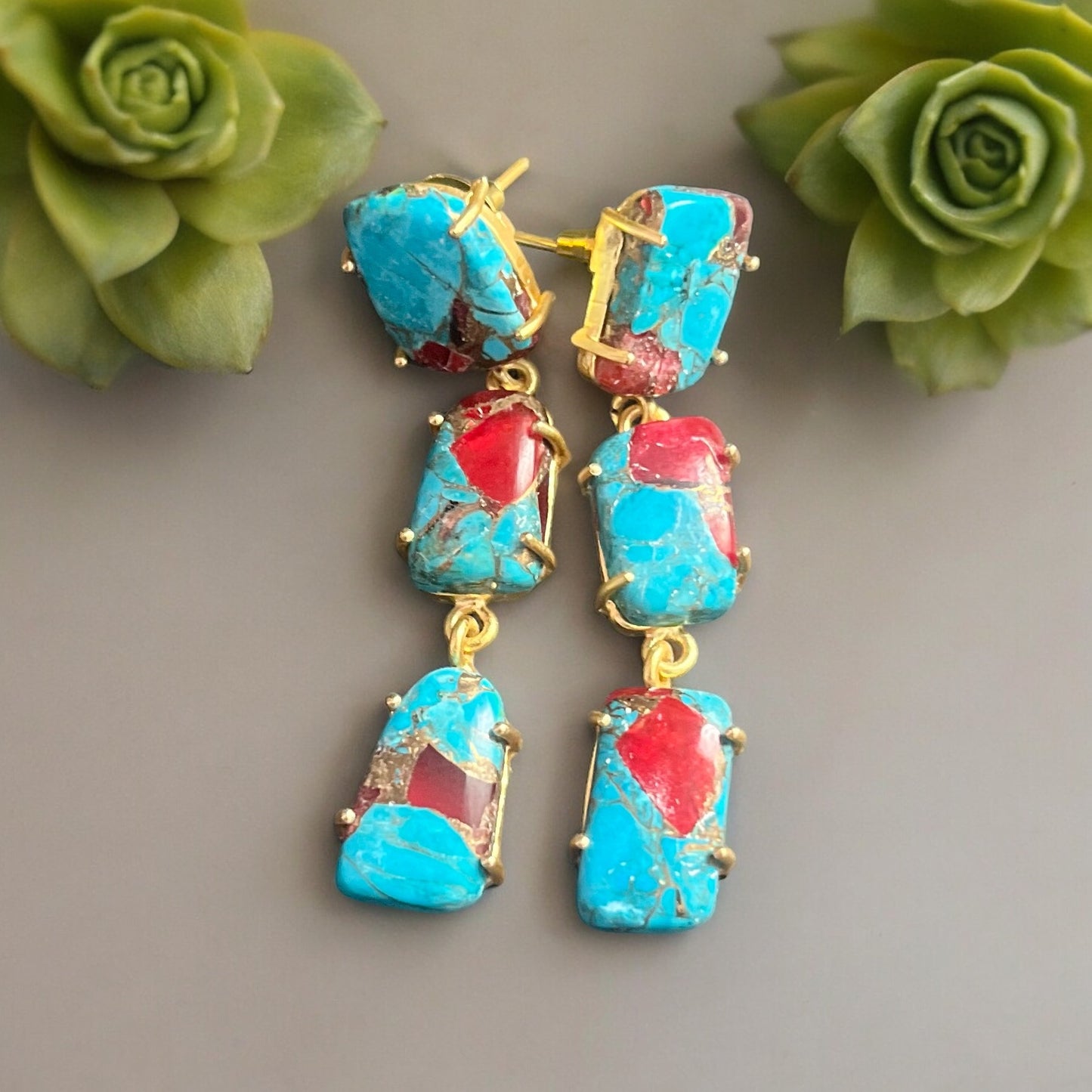 Artisan Made Turquoise Post Statement Dangle Earrings With Gold Hollow Wire BohoAdd a touch of boho to your look with these one of a kind artisan made turquoise earrings! The high quality stones and materials make these hand made earrings a great gift for