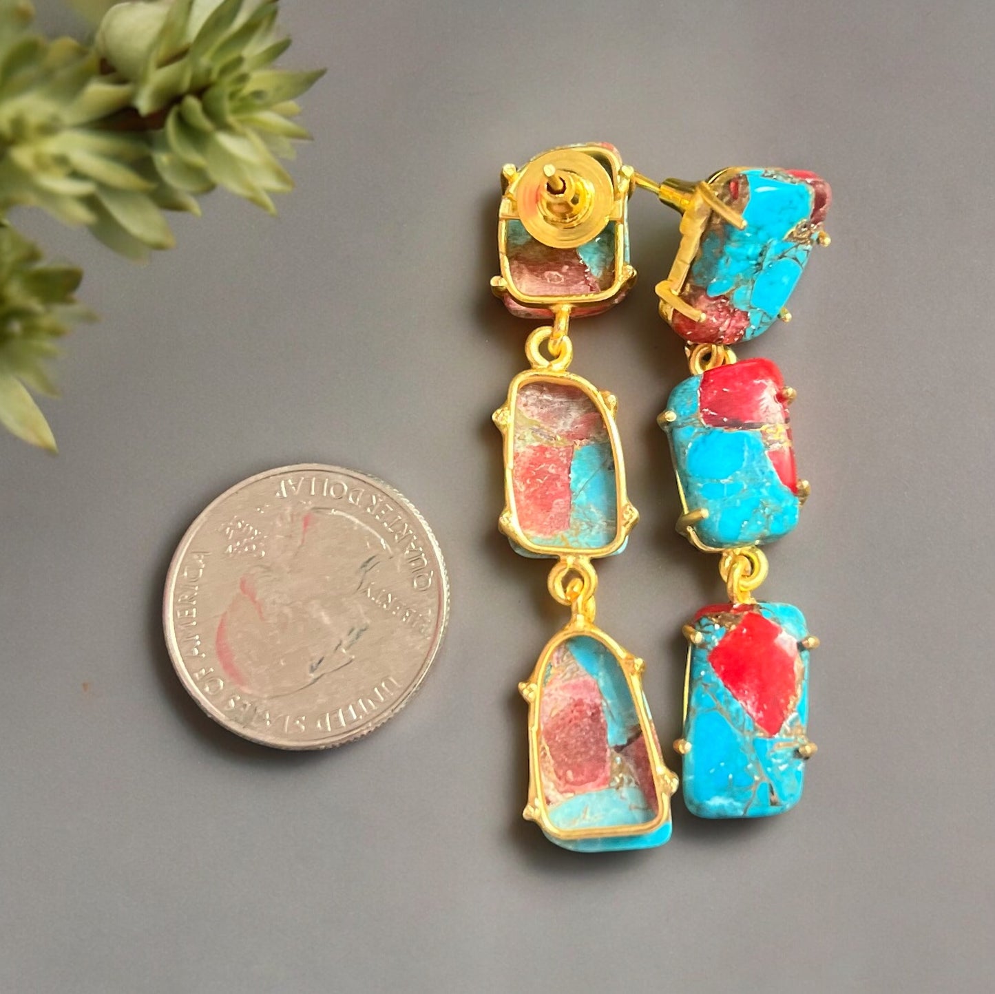Artisan Made Turquoise Post Statement Dangle Earrings With Gold Hollow Wire BohoAdd a touch of boho to your look with these one of a kind artisan made turquoise earrings! The high quality stones and materials make these hand made earrings a great gift for