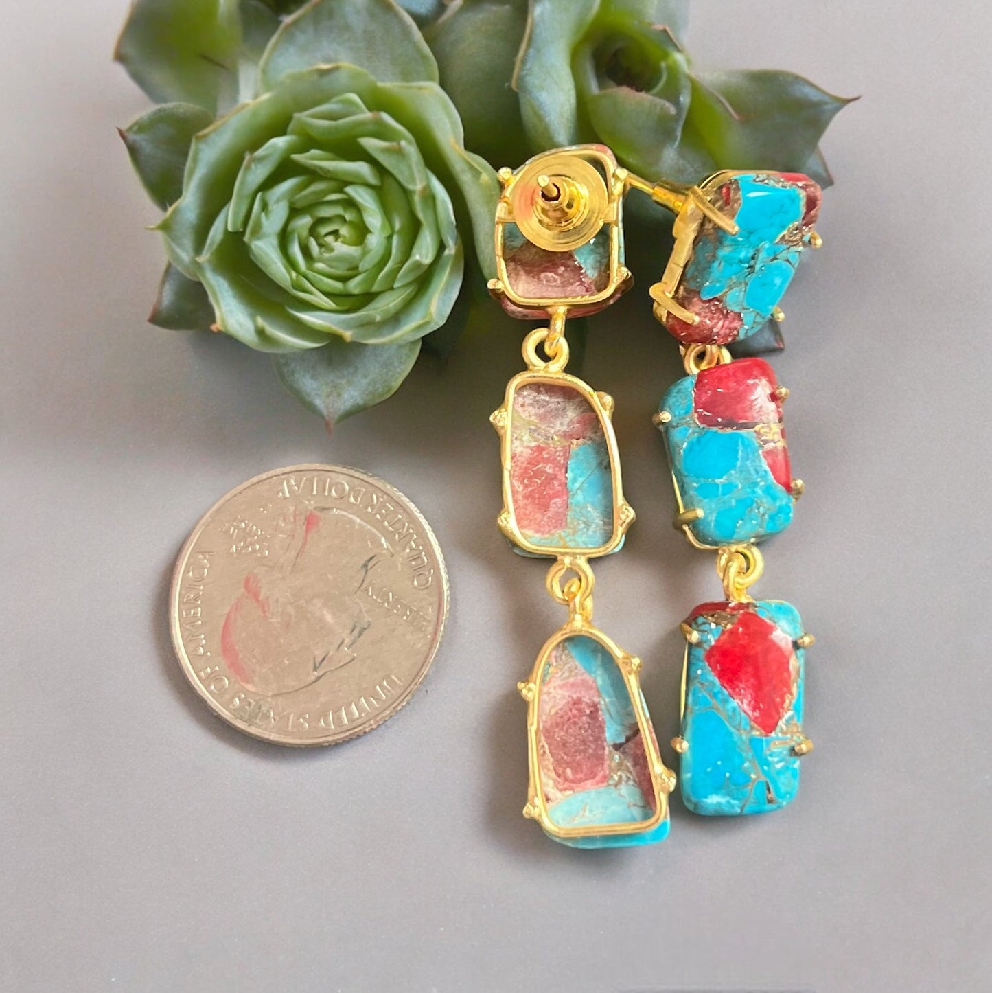 Artisan Made Turquoise Post Statement Dangle Earrings With Gold Hollow Wire BohoAdd a touch of boho to your look with these one of a kind artisan made turquoise earrings! The high quality stones and materials make these hand made earrings a great gift for