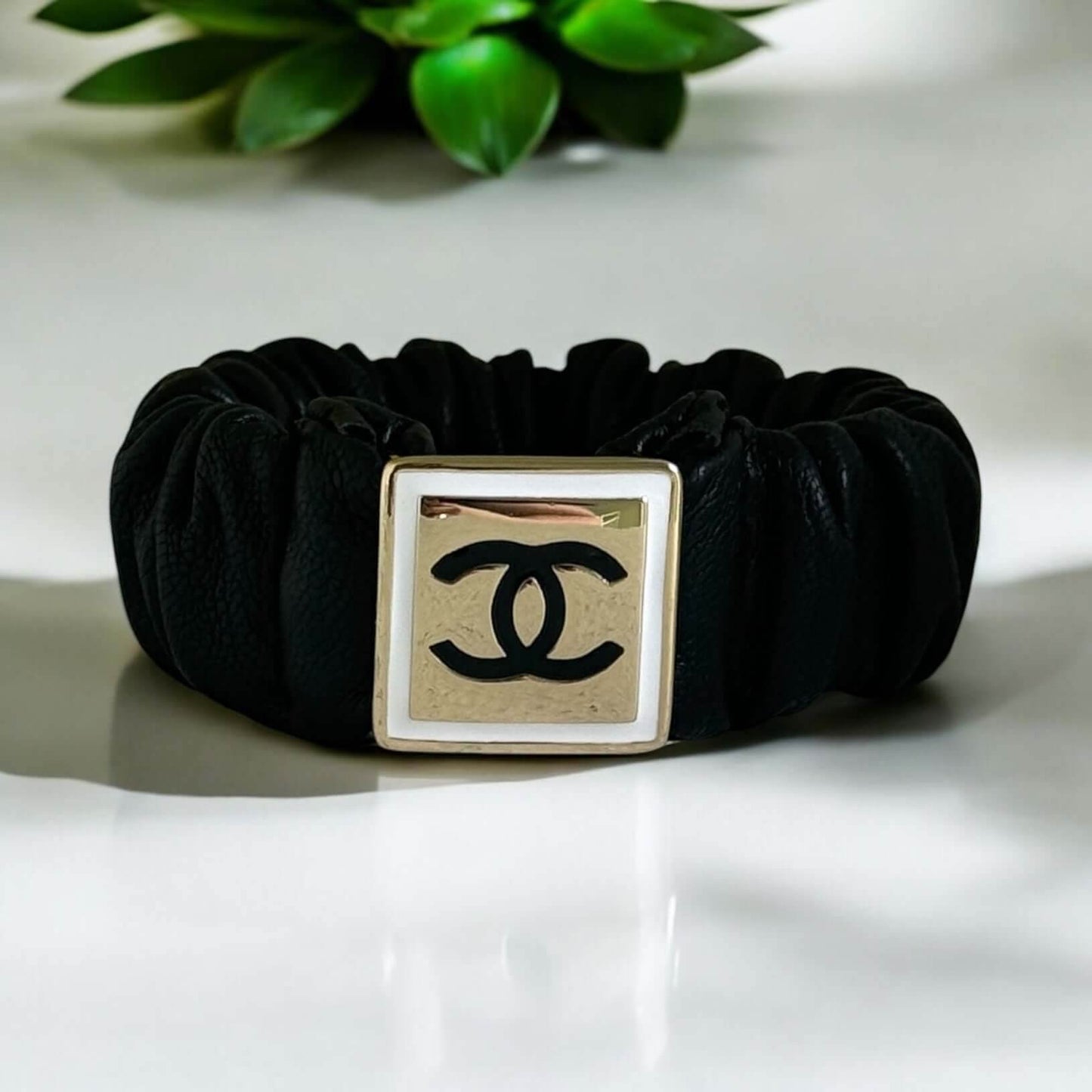 Chanel Gold CC Black Leather Scrunchie - My Mama Found What