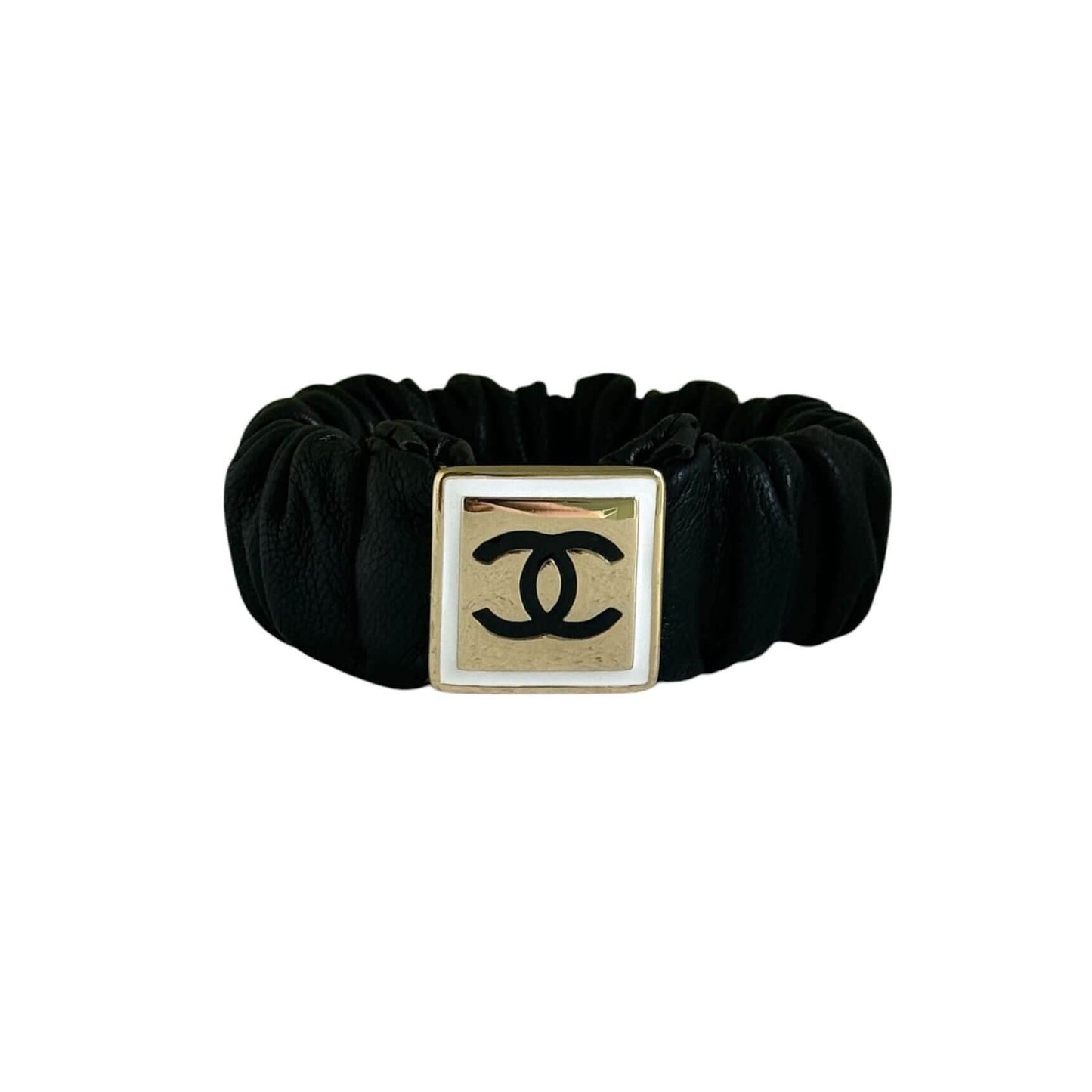 Chanel Gold CC Black Leather Scrunchie - My Mama Found What