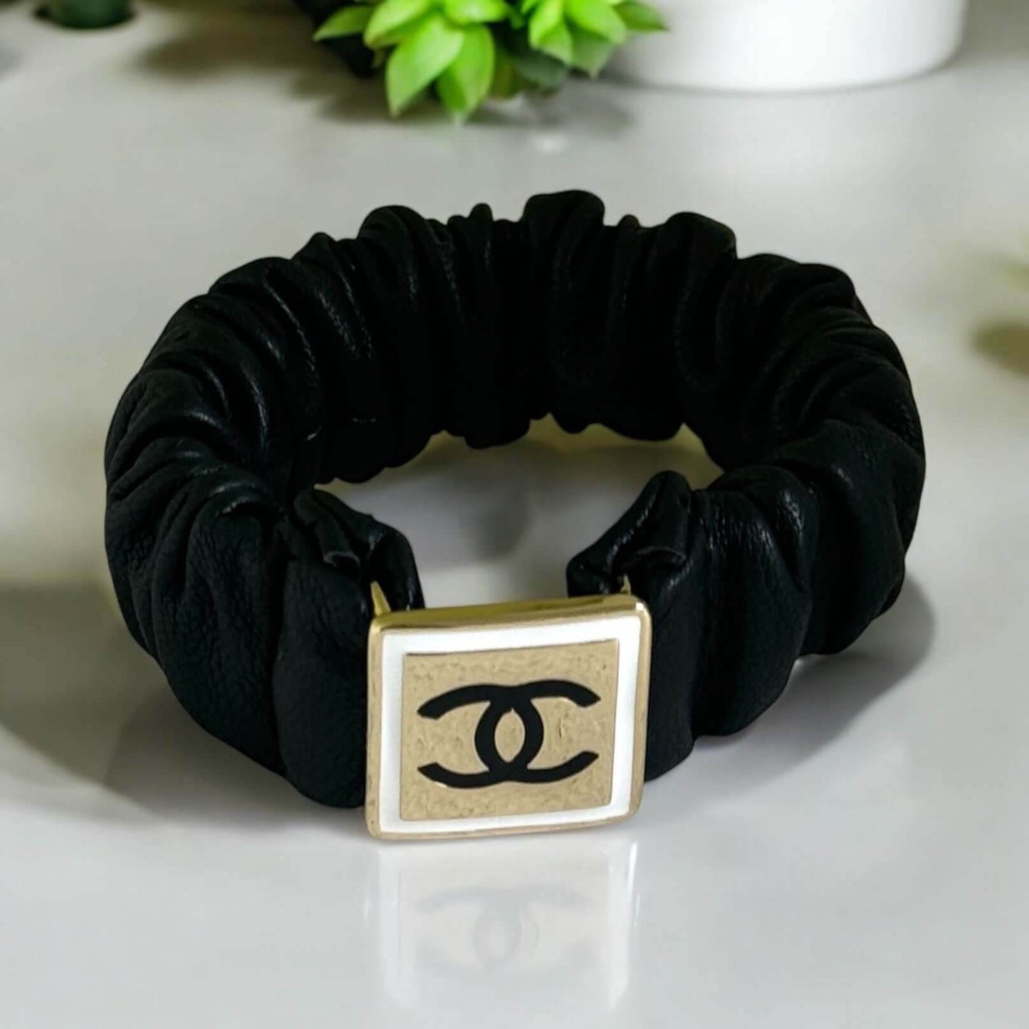 Chanel Gold CC Black Leather Scrunchie - My Mama Found What