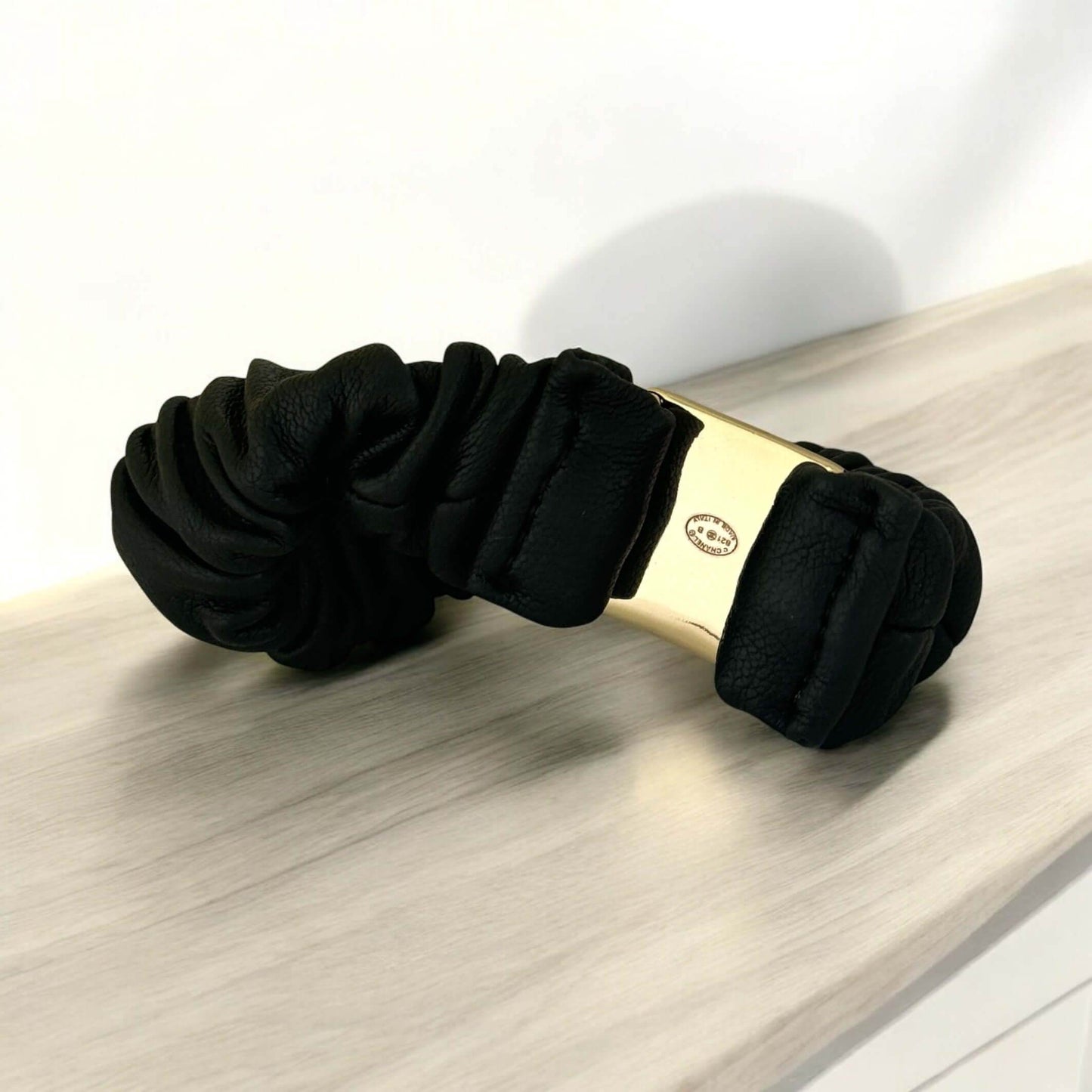 Chanel Gold CC Black Leather Scrunchie - My Mama Found What