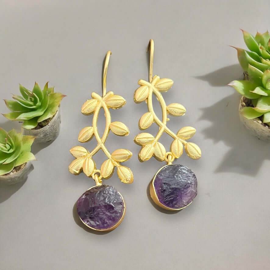 Amethyst Gold Resort wear Floral Hand-crafted Earrings Artisan Made - My Mama Found What 