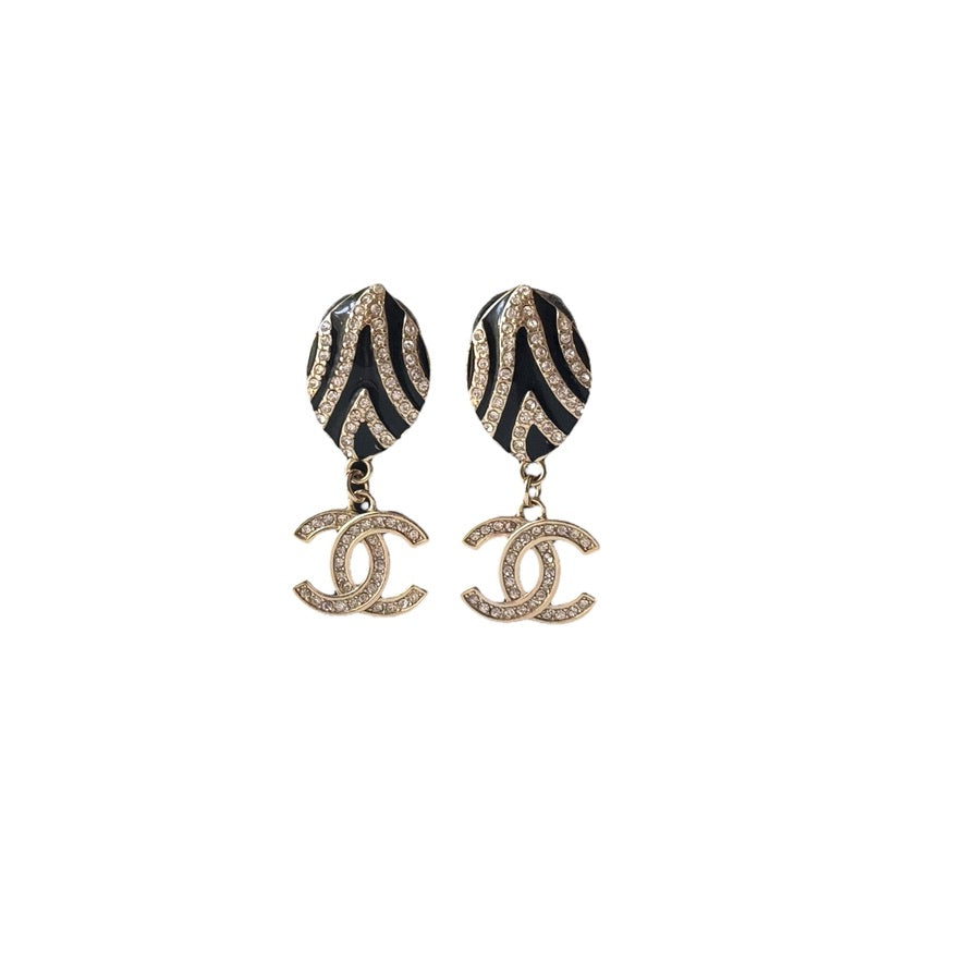 Pre-Owned Chanel Gold Plated & Black Enamel & Crystals Earrings