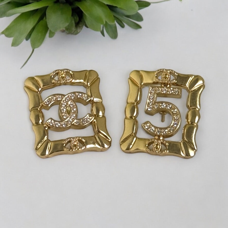 Authentic Chanel Gold CC & 5 Cut Crystals Pre-Owned Earrings