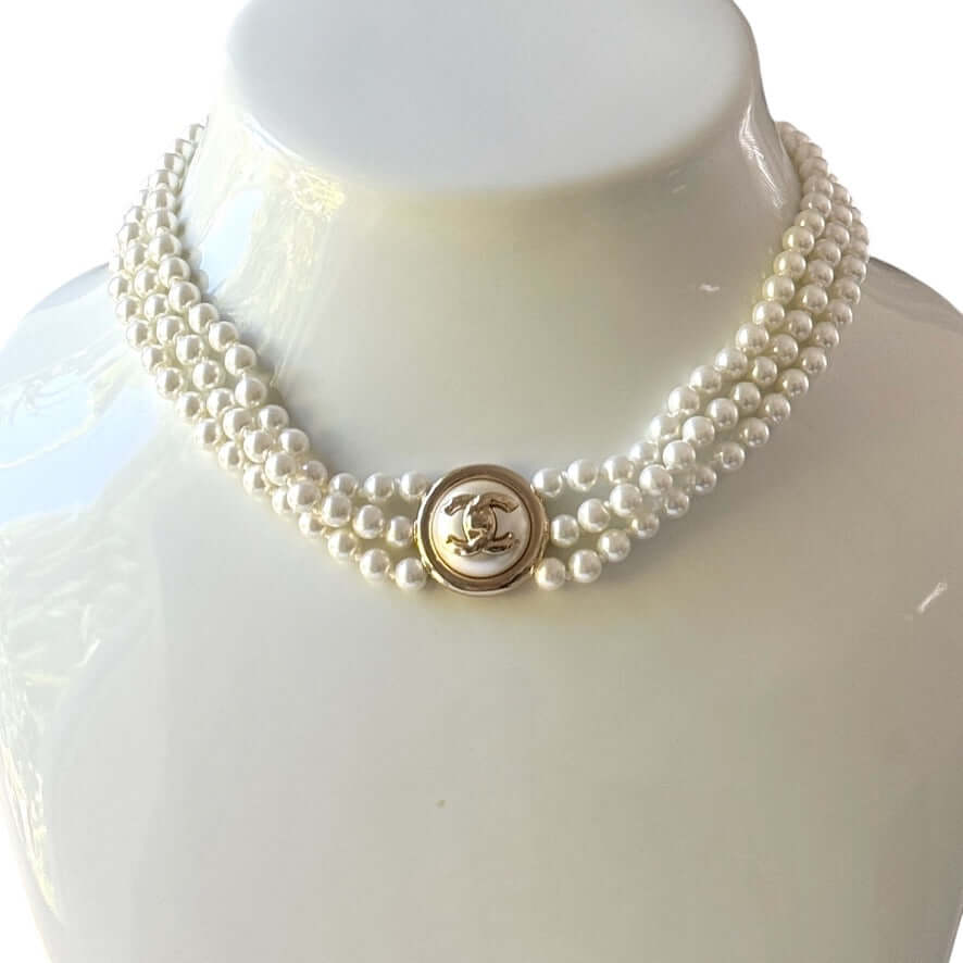 Authenitc Chanel Triple Strand Pearl w/ Gold CC Pendant Choker Pre-Owned