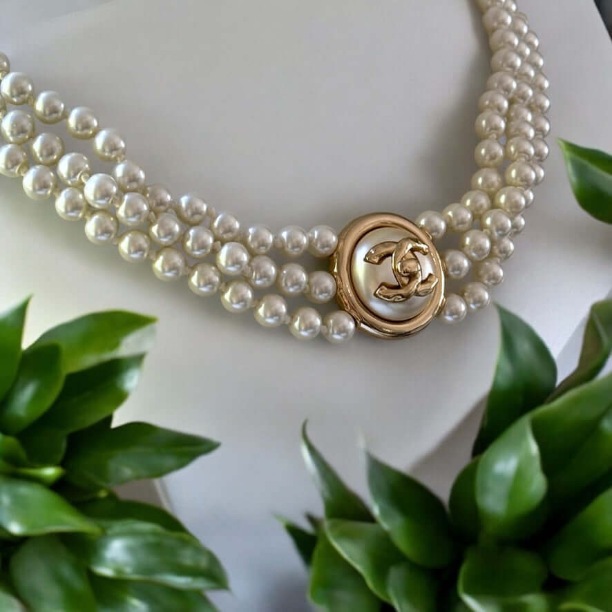 Authenitc Chanel Triple Strand Pearl w/ Gold CC Pendant Choker Pre-Owned