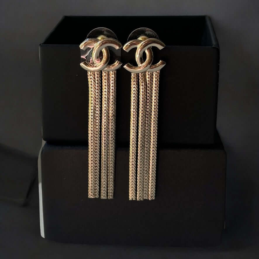 Authentic Chanel Gold CC Dangle Earrings with multi gold chains in gift box, pre-owned and like new condition.