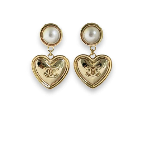 Authentic Chanel Gold CC Heart Dangle Earrings Pre-owned