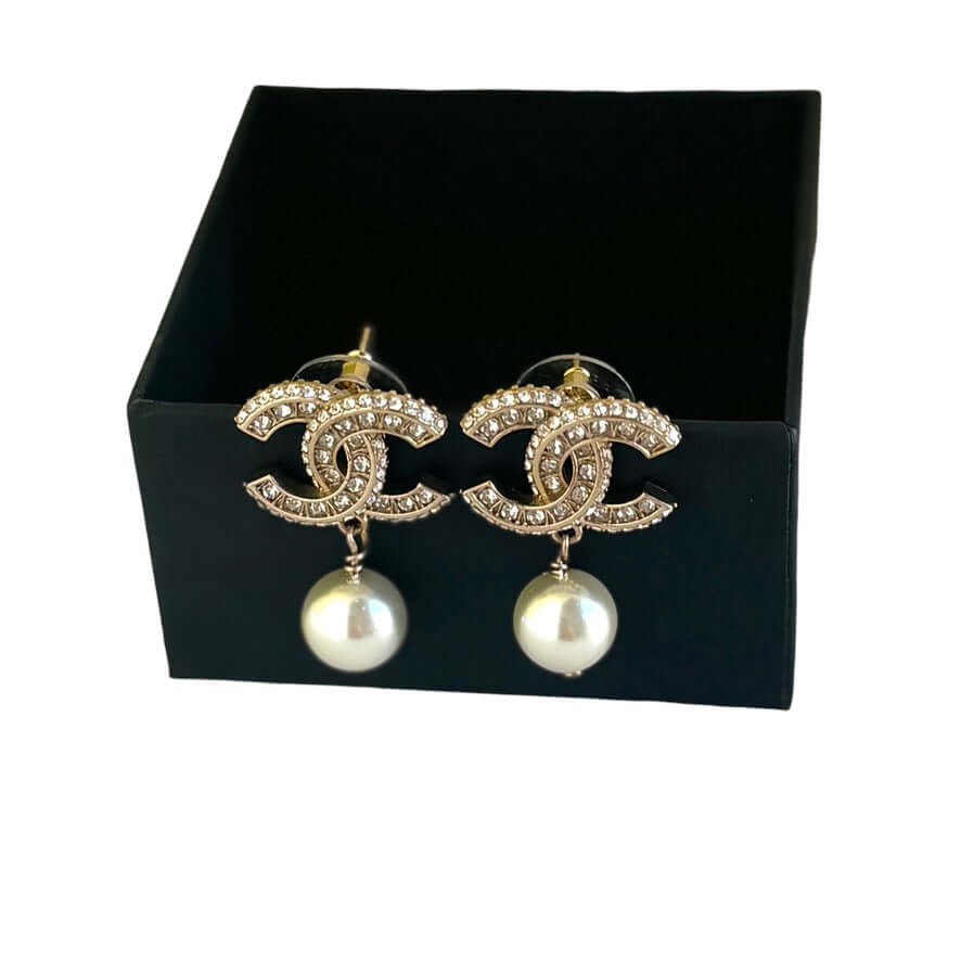 Chanel Gold CC w/ Crystals Dangle Pearl Earring Pre-Owned