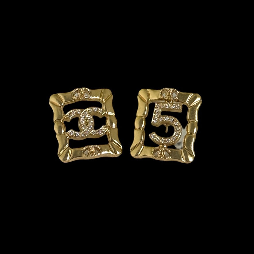 Authentic Chanel Gold CC & 5 Cut Crystals Pre-Owned Earrings