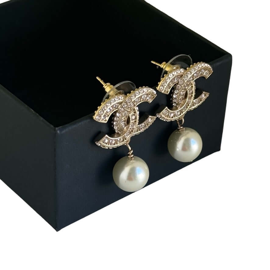 Chanel Gold CC w/ Crystals Dangle Pearl Earring Pre-Owned