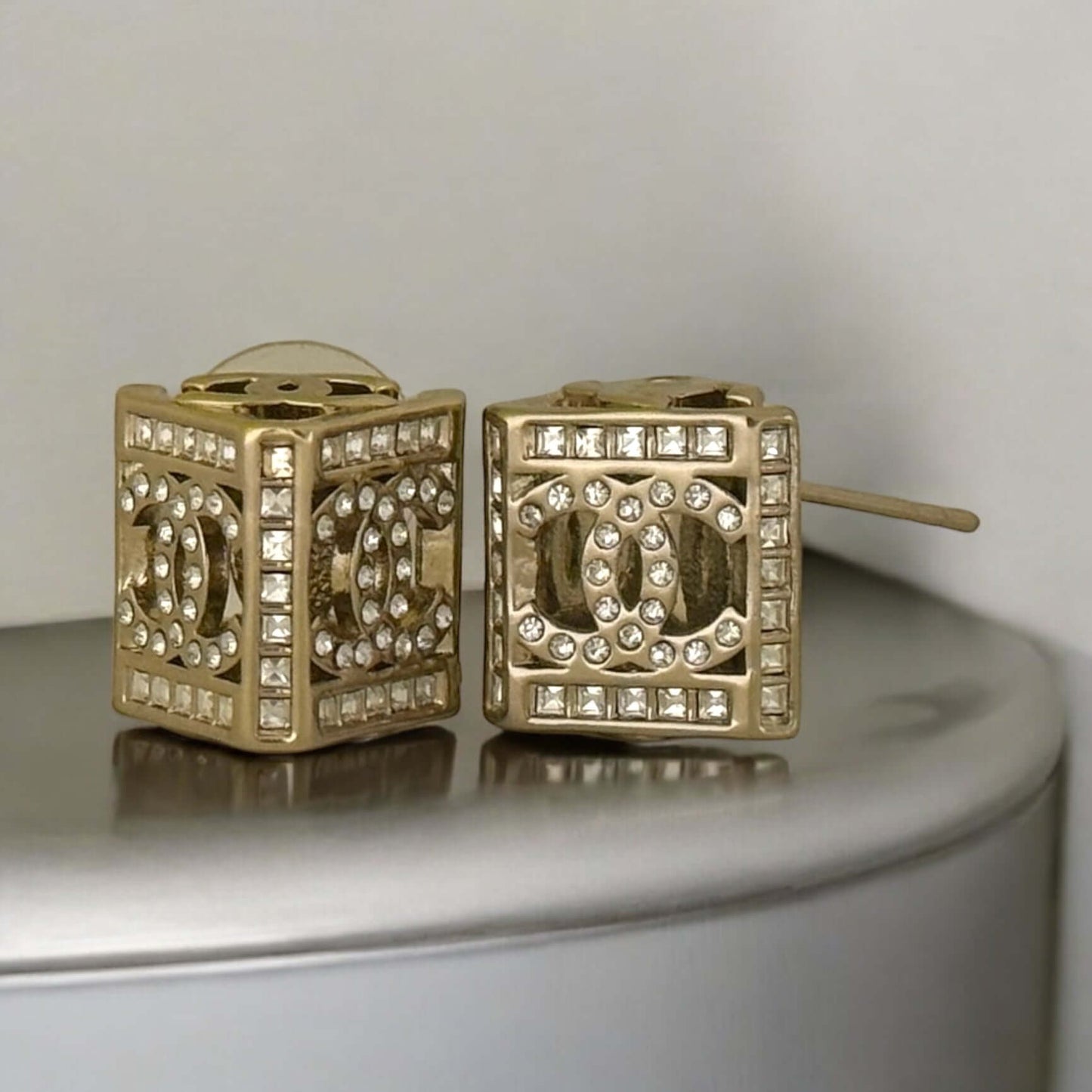 Pre-Owned Chanel Gold CC Cut Out Earrings w/ crystals