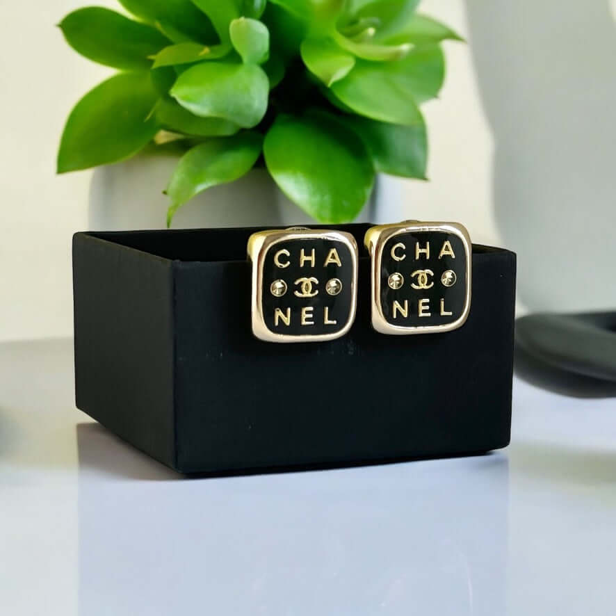 Chanel Gold Black Rounded Square Earrings Pre-Owned